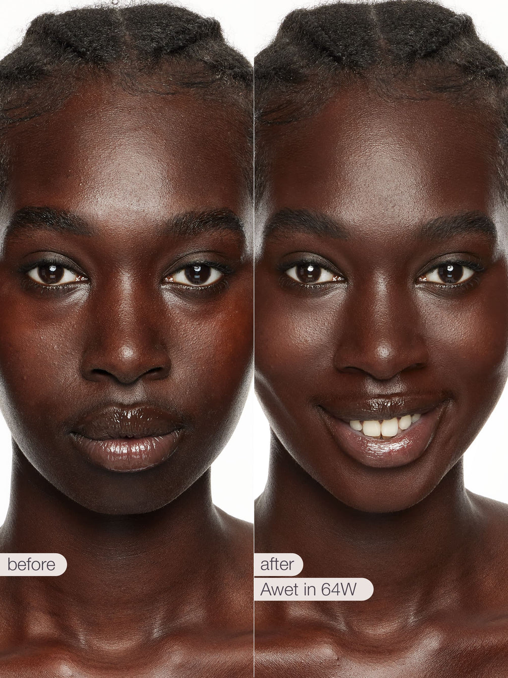 Before and after comparison of a woman's face with text indicating 'before' and 'after' and product name.