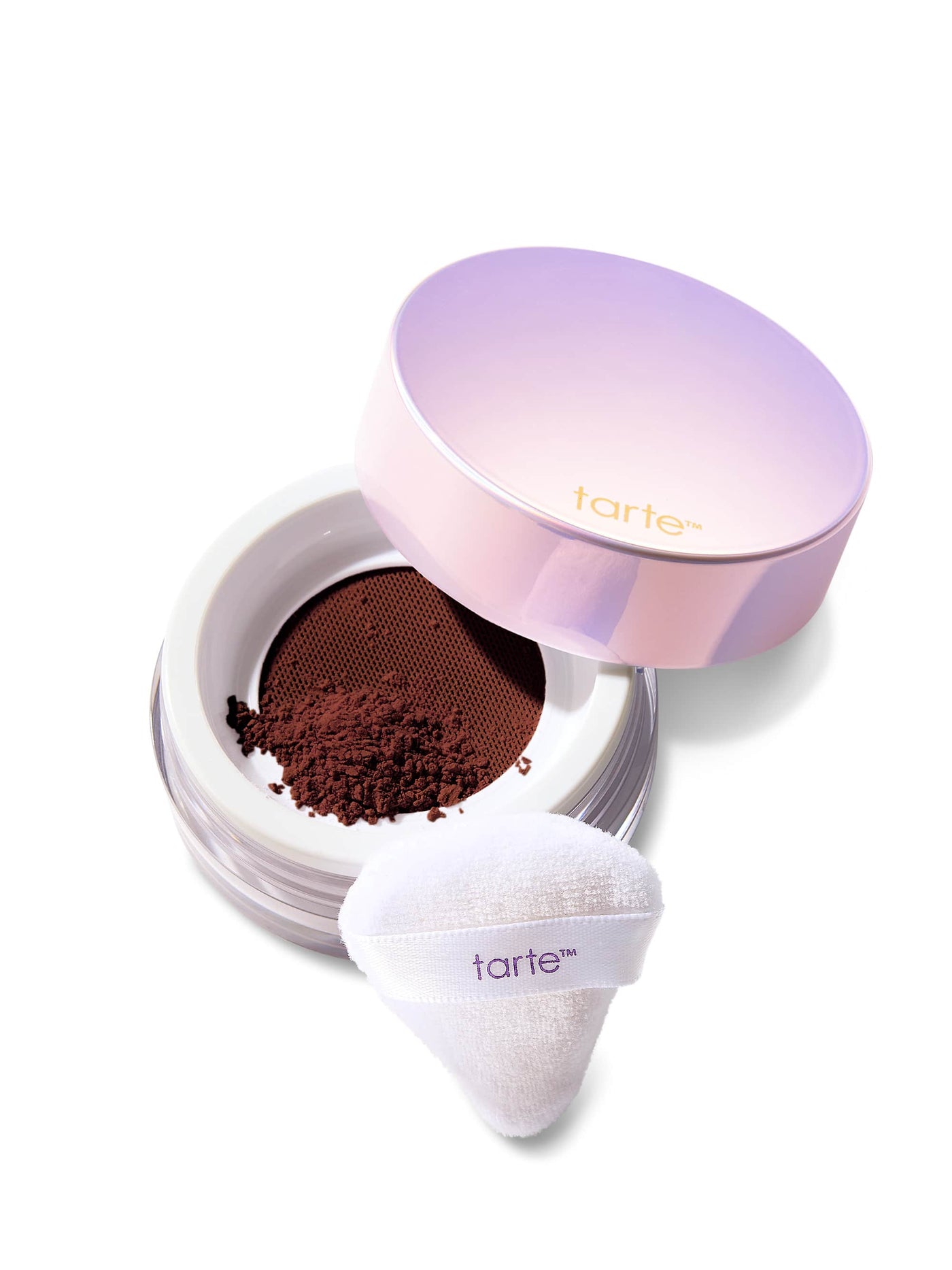 Tarte makeup product with pink and purple lid on a white background
