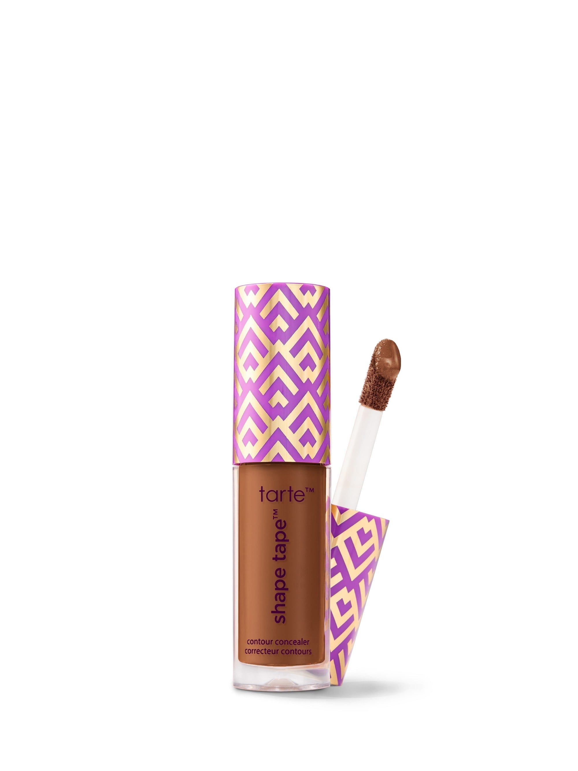 Tarte Shape Tape concealer with purple and yellow pattern on a white background