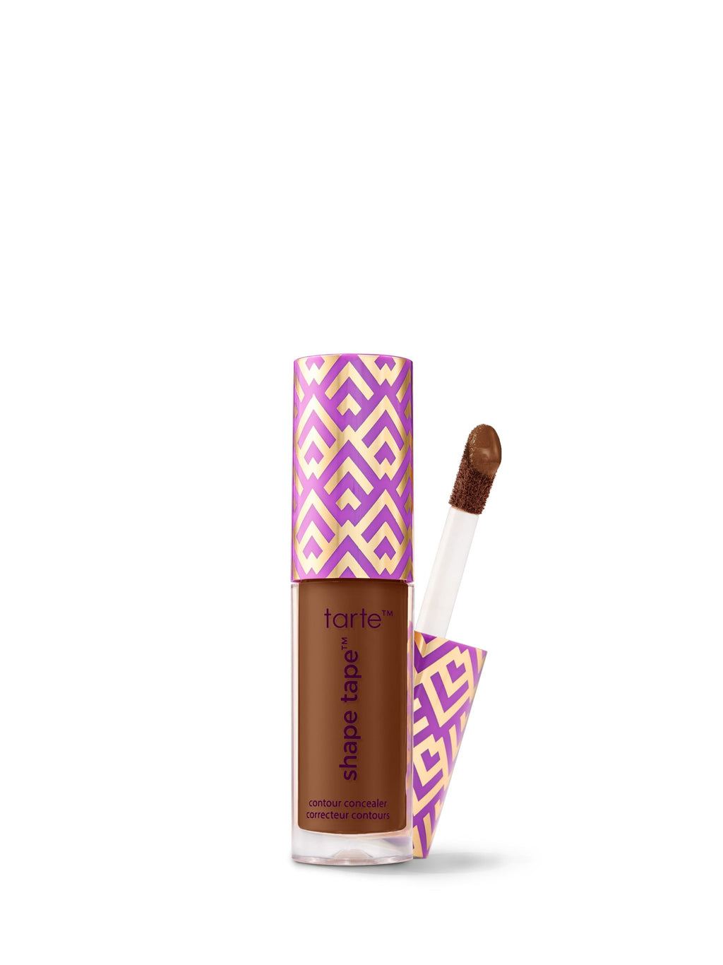 Tarte Shape Tape product with purple and pink geometric pattern on a white background