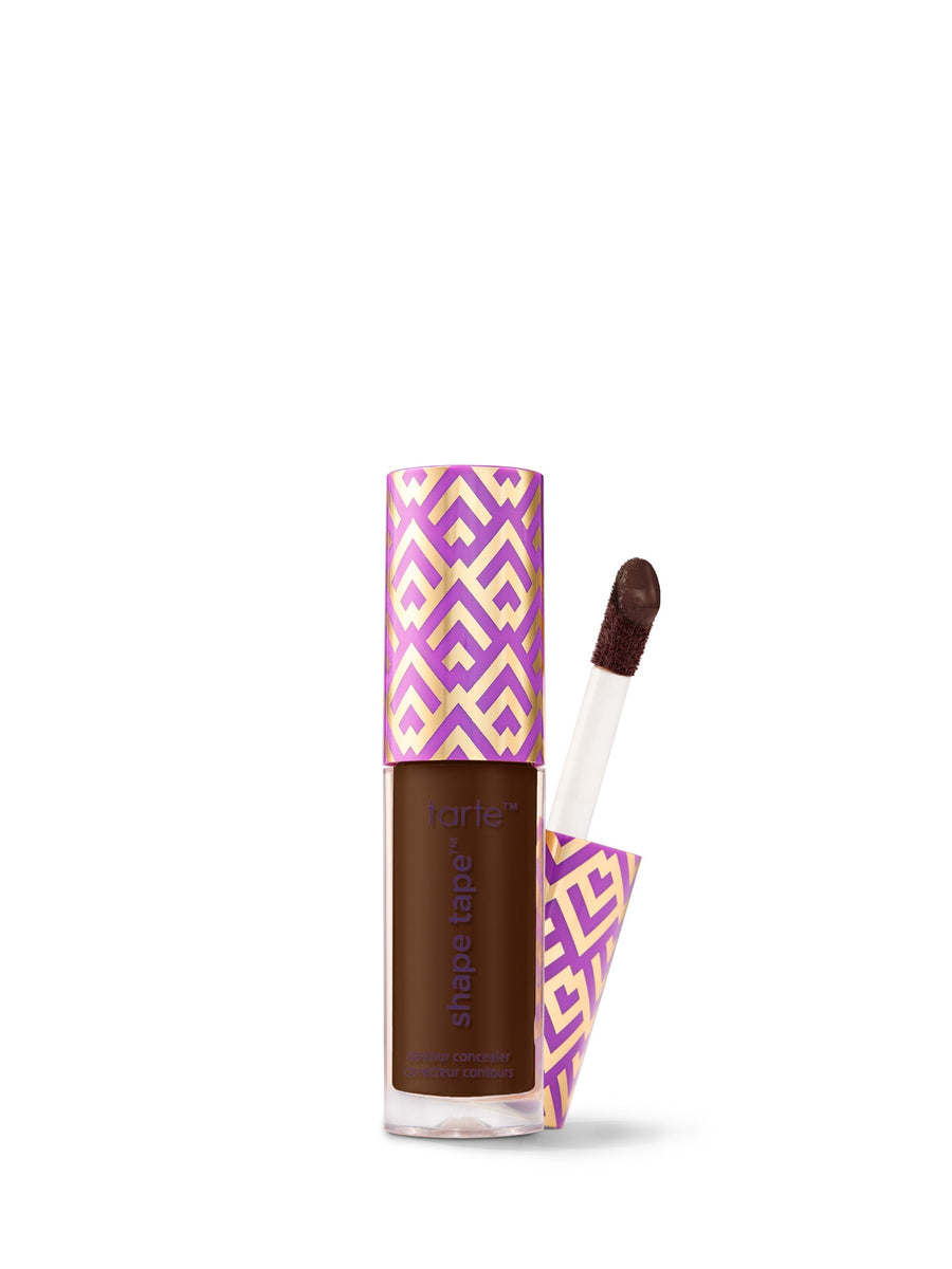 Makeup product with a patterned tube and applicator on a white background