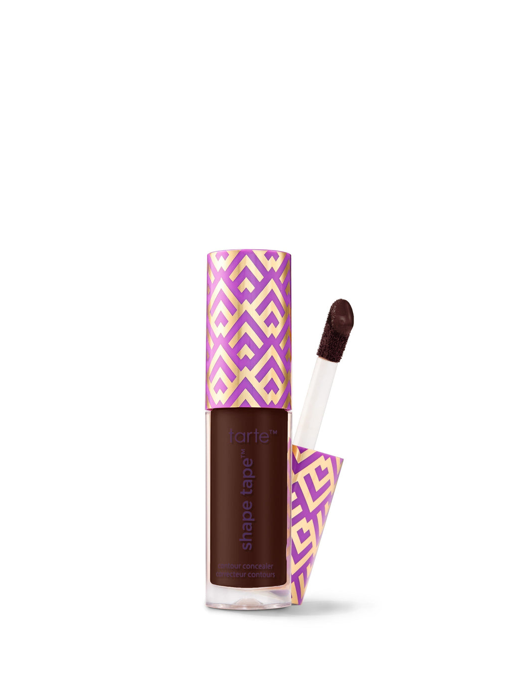 Tarte Shape Tape product with purple and white geometric pattern on a white background