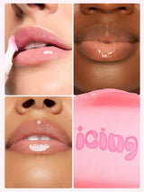 Collage of lips with lip gloss application and a pink product labeled 'icing'.