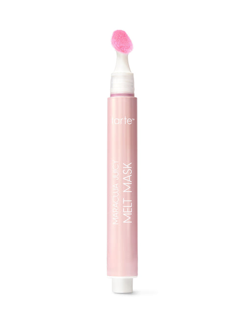 Pink tarte Maracuja Juicy Melt Mask tube standing upright with a bright pink sponge applicator exposed, centered on a plain white background. Text: tarte™; MARACUJA JUICY MELT MASK.