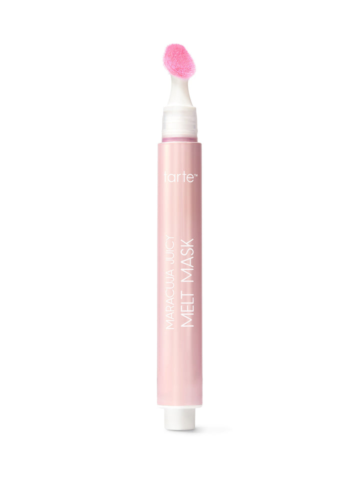 Pink tarte Maracuja Juicy Melt Mask tube standing upright with a bright pink sponge applicator exposed, centered on a plain white background. Text: tarte™; MARACUJA JUICY MELT MASK.