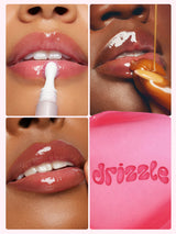 Collage of lips with a product application and a pink background with 'drizzle' branding.