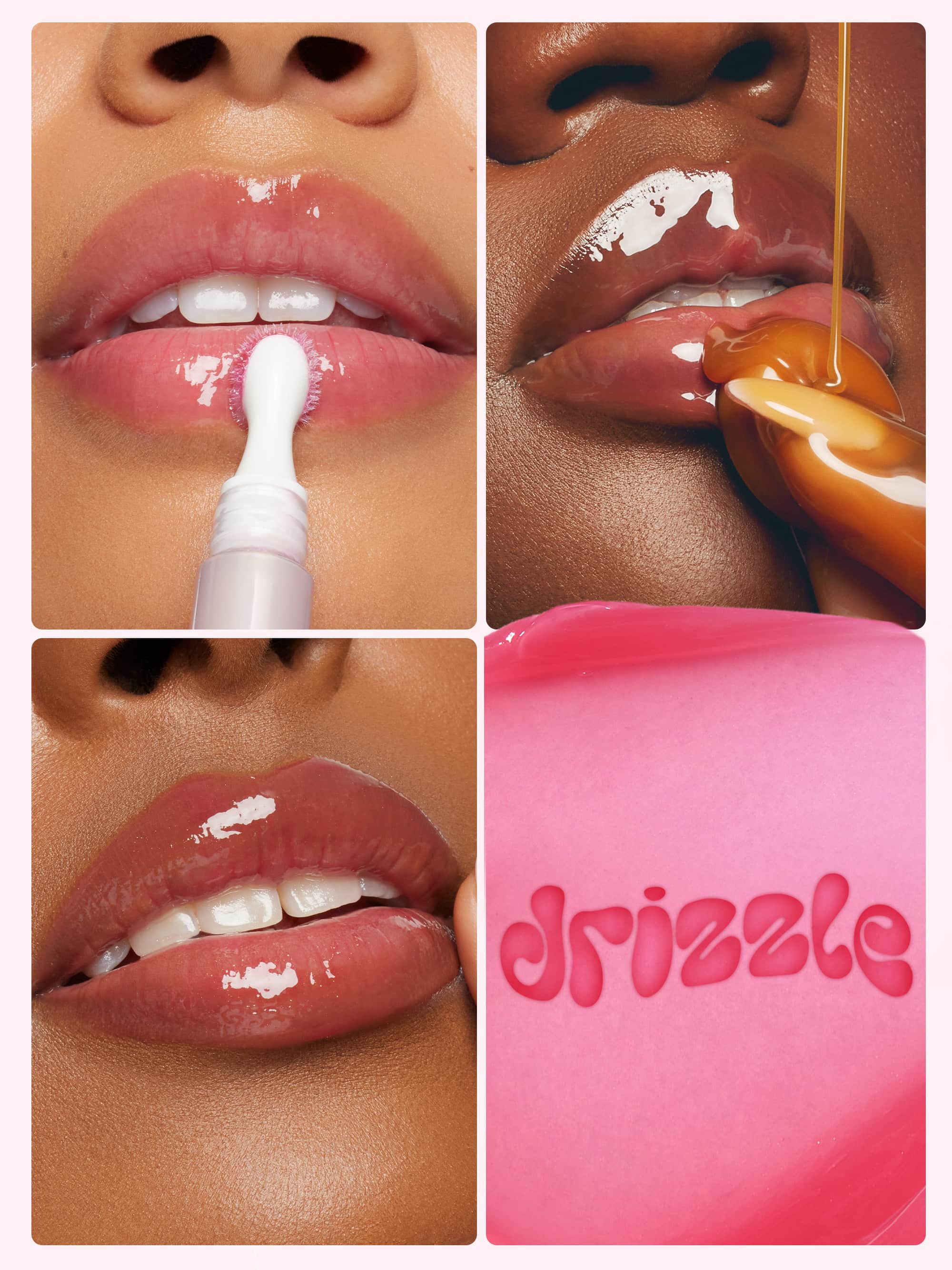 Collage of lips with a product application and a pink background with 'drizzle' branding.
