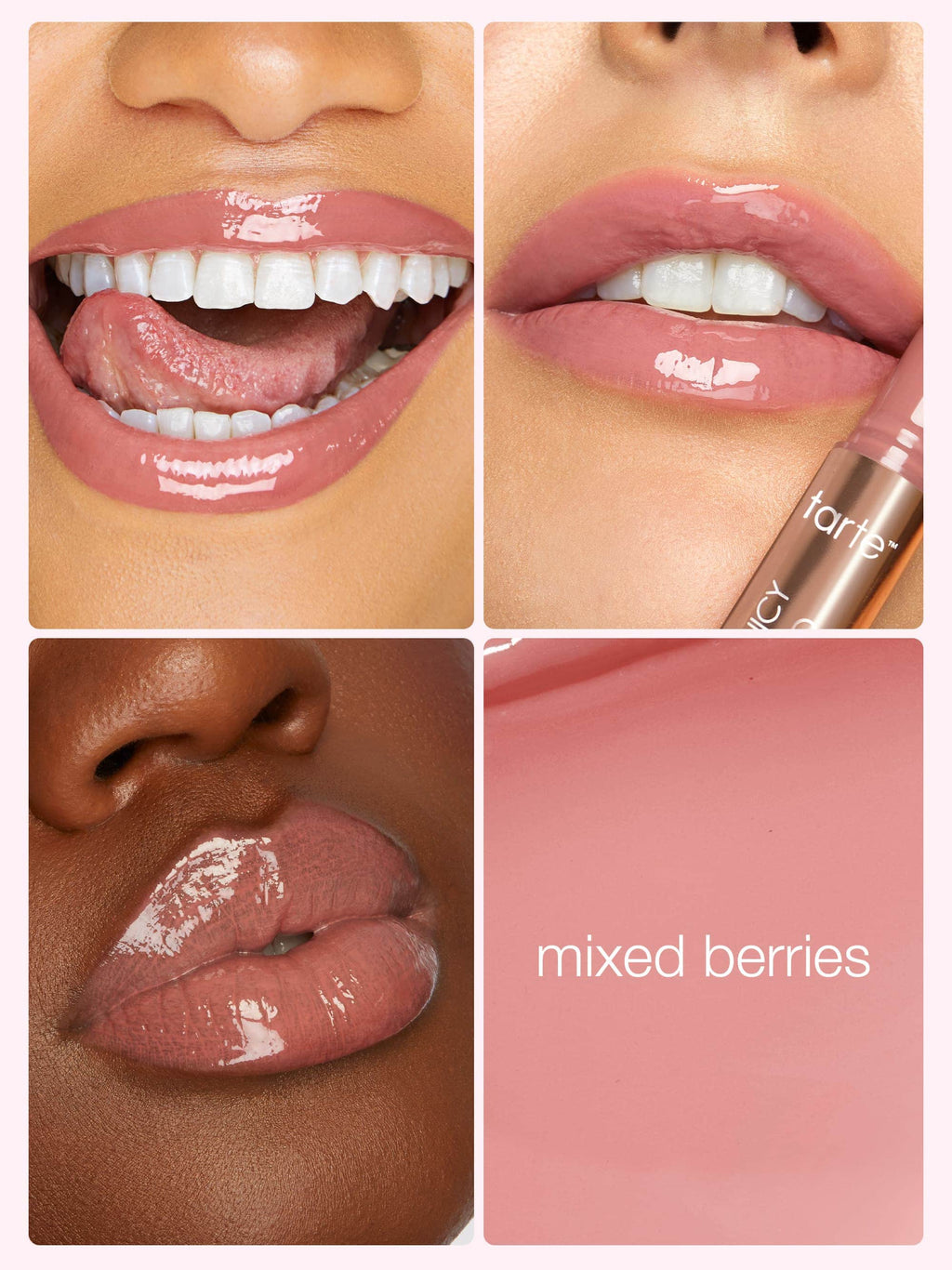 Collage of a maracuja juicy lip plump labeled 'mixed berries' on different skin tones with a lipstick applicator.