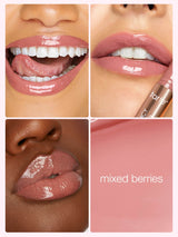 Collage of a maracuja juicy lip plump labeled 'mixed berries' on different skin tones with a lipstick applicator.