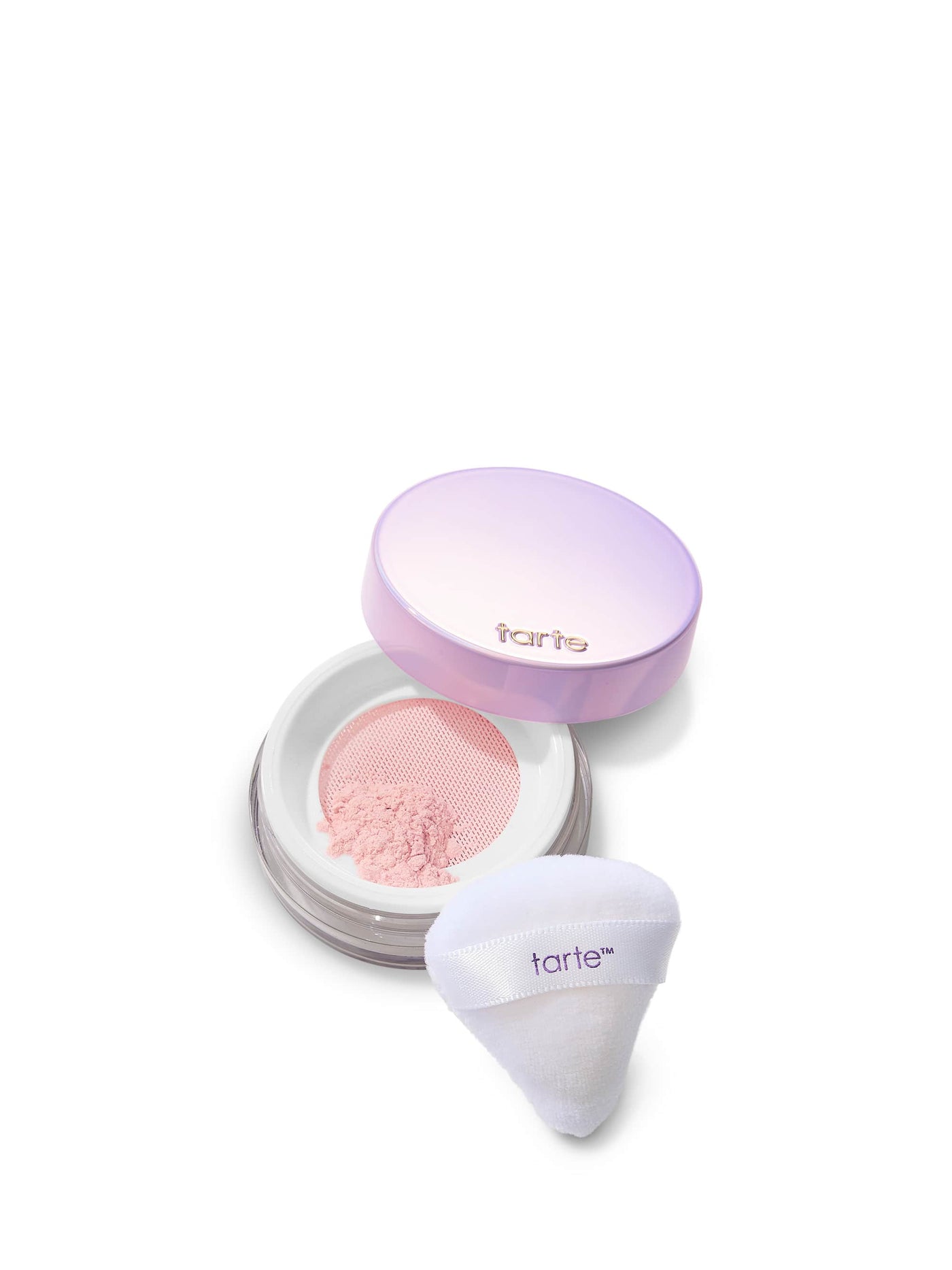 Tarte cosmetic product with pink powder and white applicator on a white background