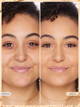 Before and after comparison of a woman's face with a yellow filter applied.