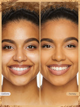 Before and after comparison of a woman's face with different skin tones labeled 'before' and 'honey'.