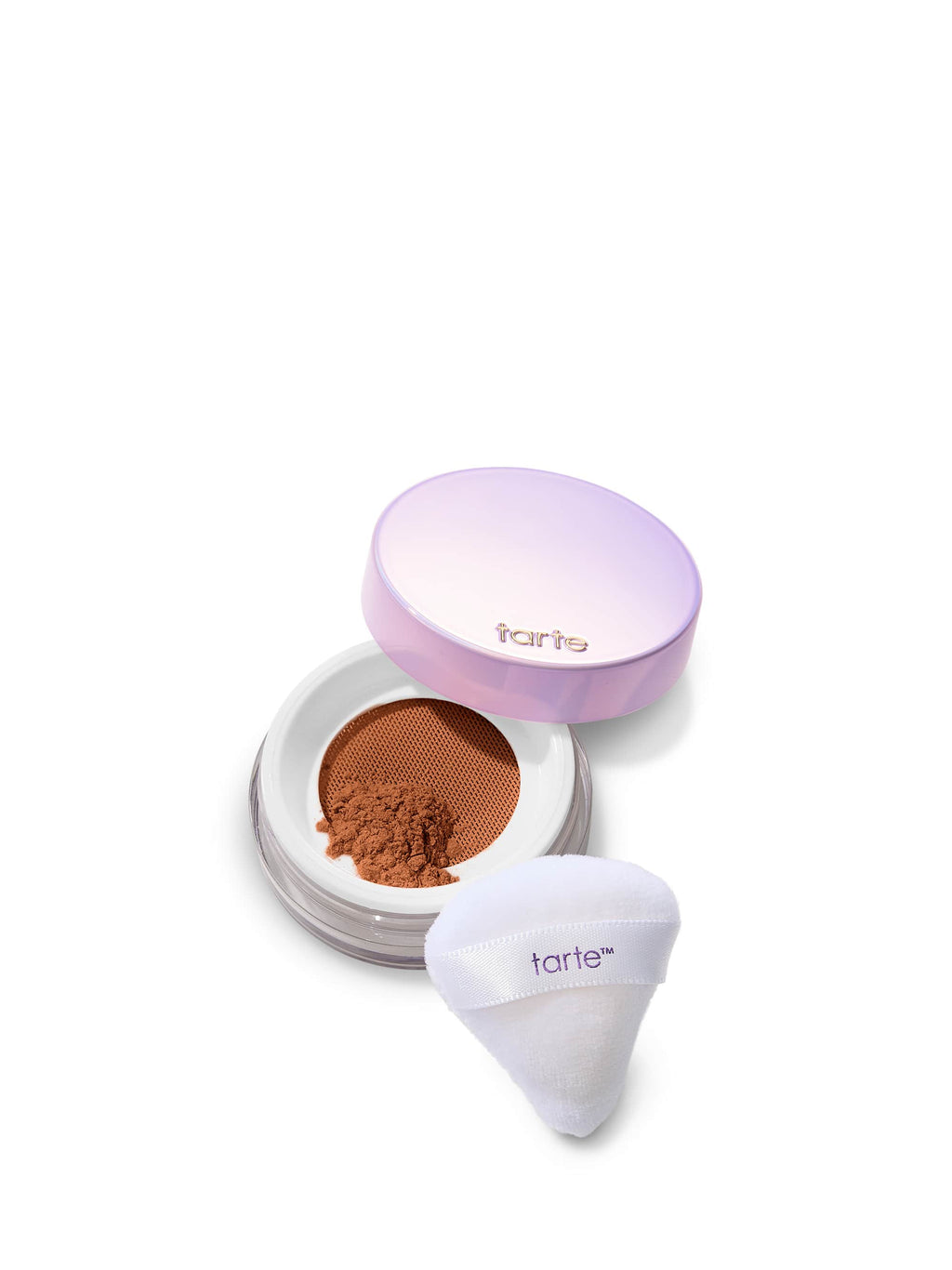 Tarte cosmetic product with open lid showing brown powder, white applicator, and purple lid on a white background.