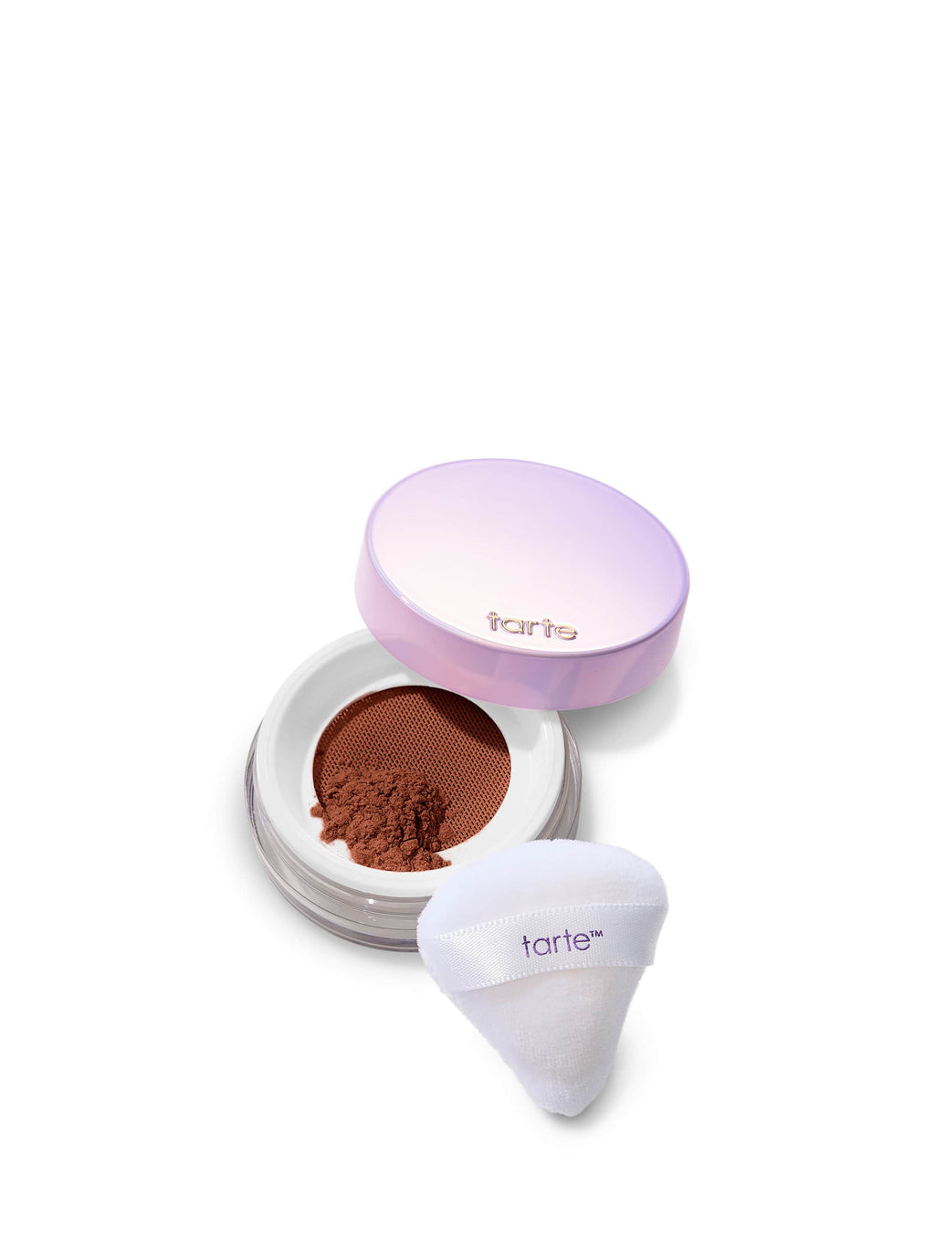 Tarte makeup product with open case and powder on a white background