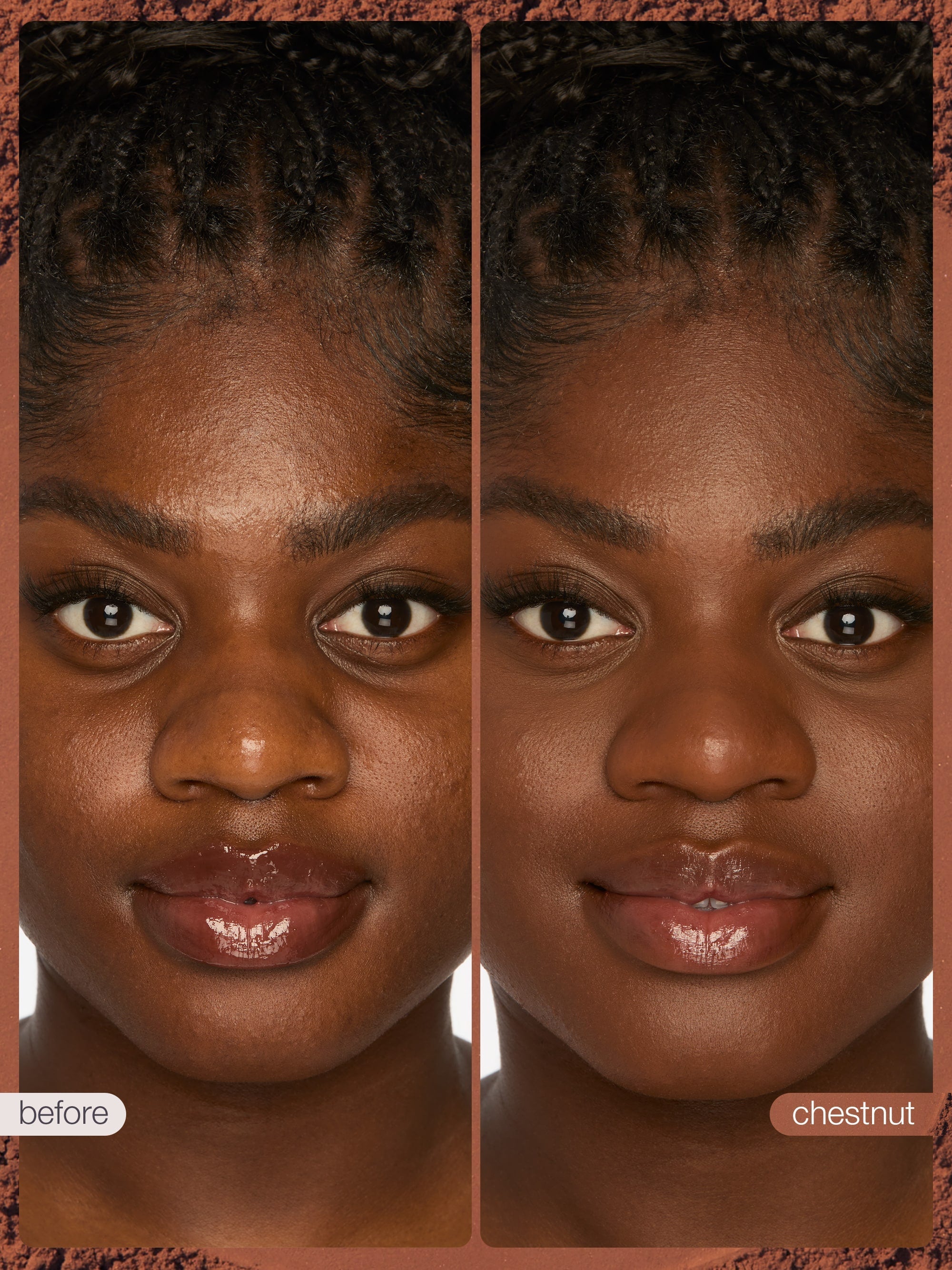 Before and after comparison of a person's face with chestnut color on a white background.