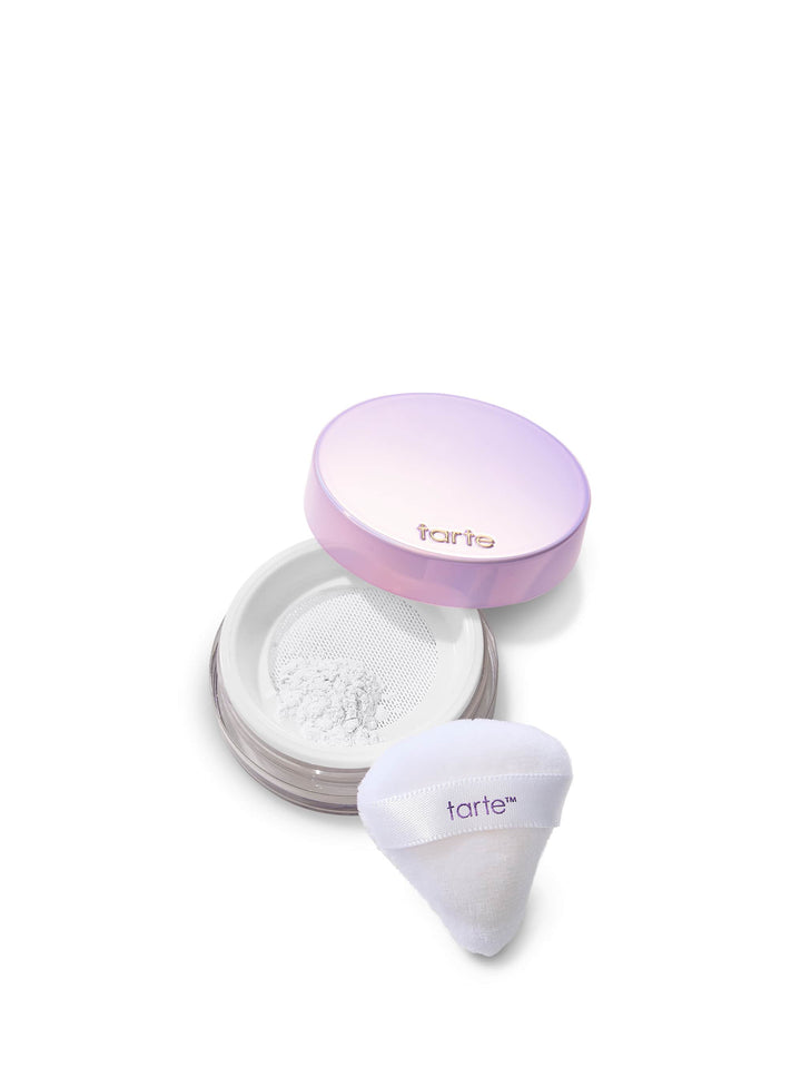 Tarte cosmetic product with open container and applicator on a white background