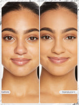 Before and after comparison of a woman's face with makeup application on a marble background.