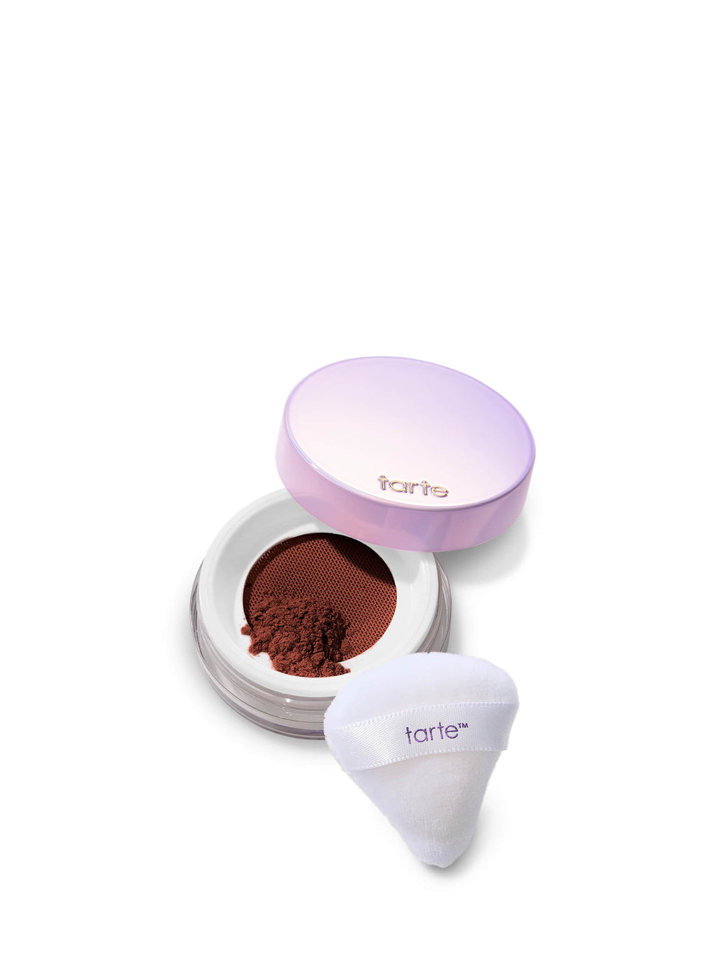 Tarte makeup product with open case and brush on a white background