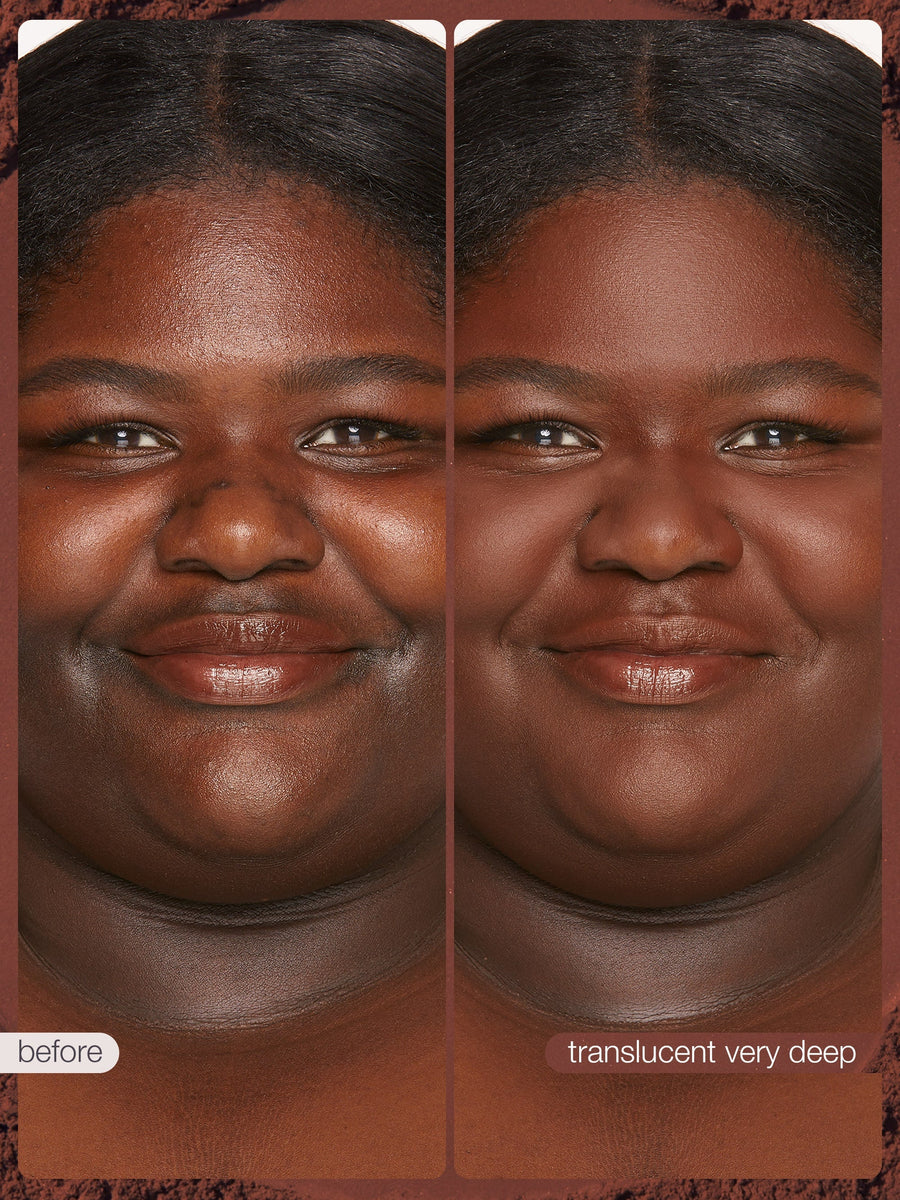 Before and after comparison of a woman's face with a translucent makeup filter applied.