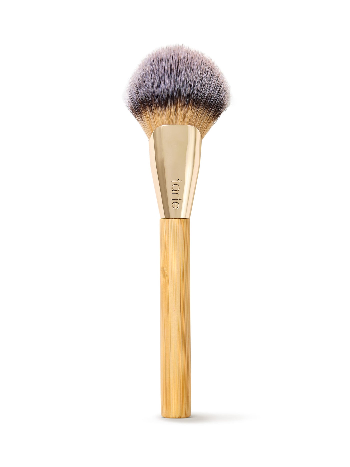 Makeup brush with wooden handle and gold ferrule on a white background