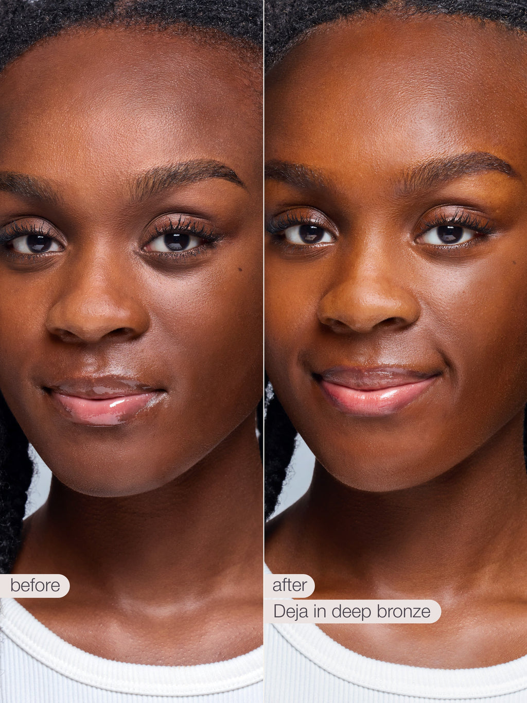 Before and after comparison of a woman's face with makeup application labeled 'Deja in deep bronze'.