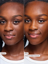 Before and after comparison of a woman's face with makeup application labeled 'Deja in deep bronze'.
