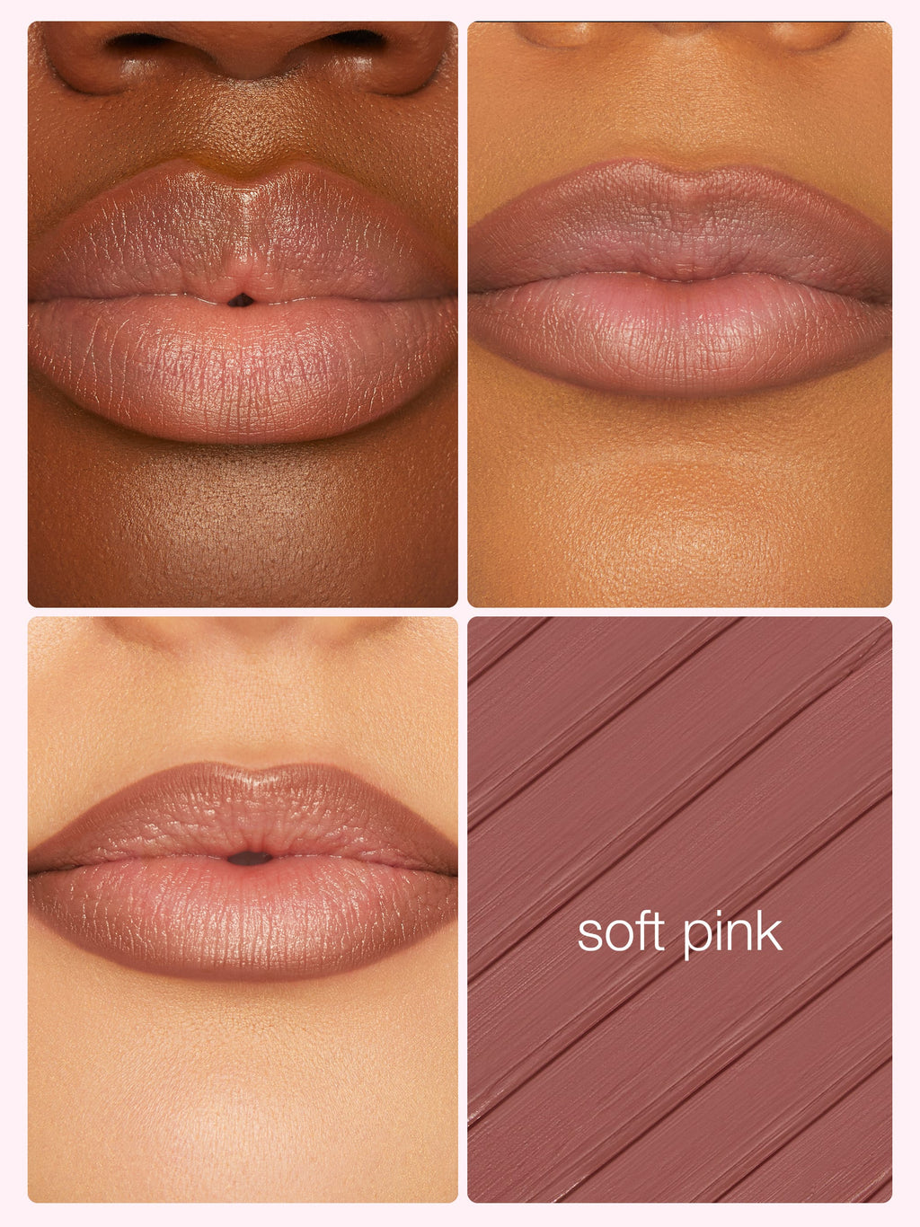 Collage of a woman's lips wearing a soft pink lipstick with color swatch.
