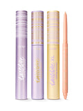 Set of lip products including lip glosses and a lip liner with packaging on a white background