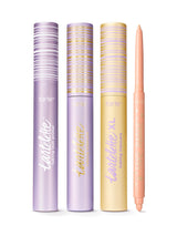 Set of lip products including lip glosses and a lip liner with packaging on a white background