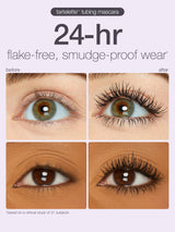 Advertisement for tartelette tubing mascara showing before and after effects on eye lashes.