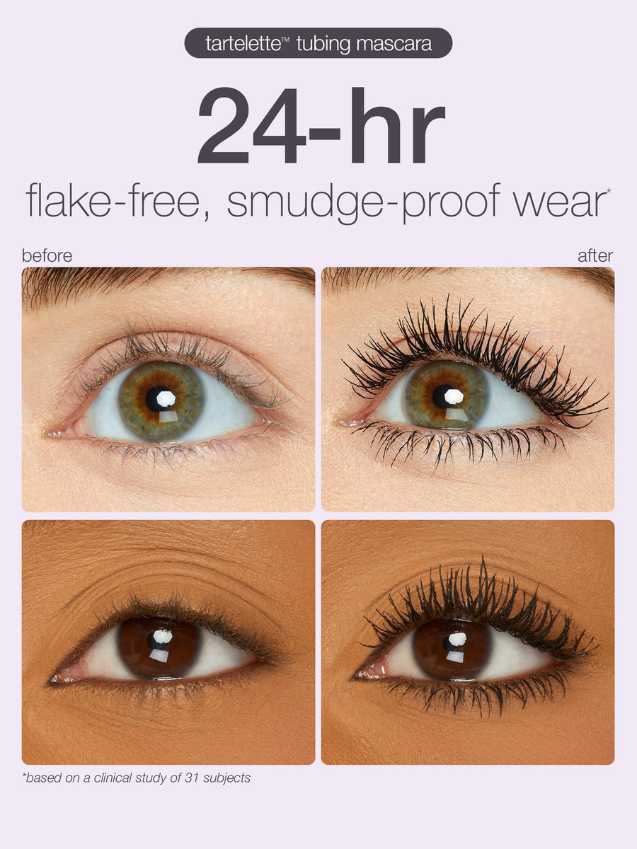 Advertisement for tartelette tubing mascara showing before and after effects on eye lashes.