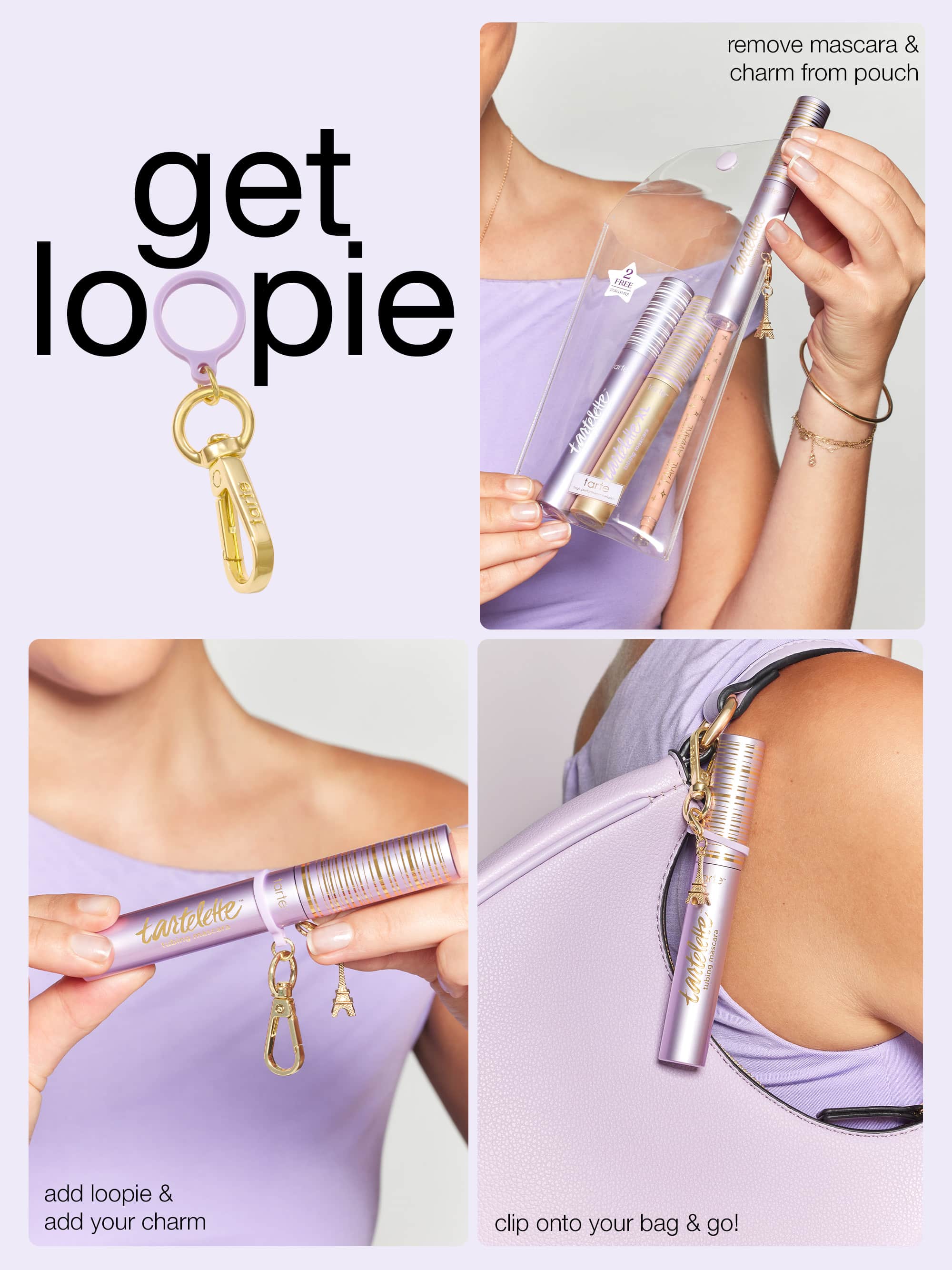Mascara with charm and packaging instructions on a white background