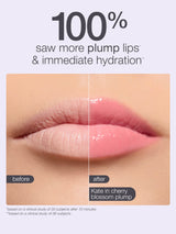 Lips are shown before and after using Tarte Cosmetics' product, highlighting increased plumpness and hydration. Text includes: 100% saw more plump lips & immediate hydration, before, after, Kate in cherry blossom plump, and study details.