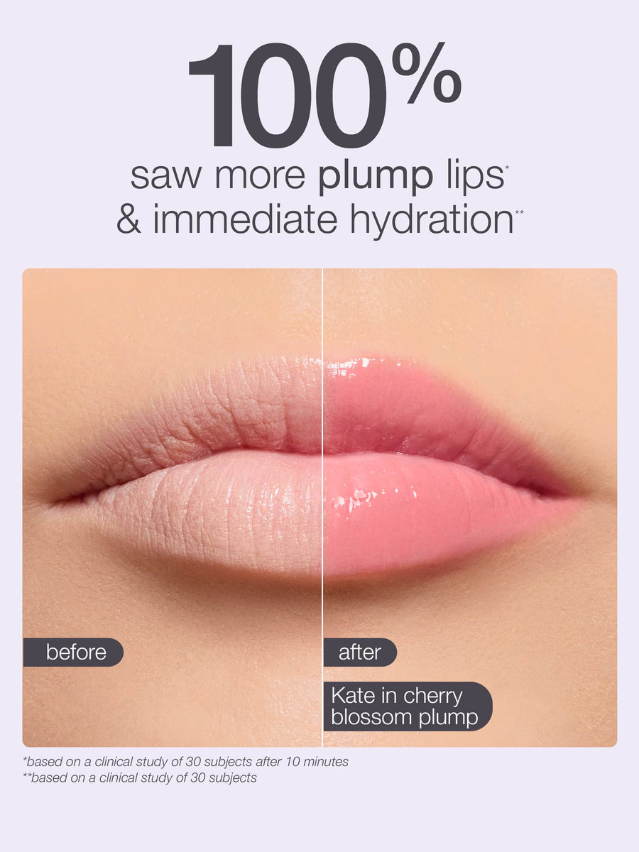 Lips are shown before and after using Tarte Cosmetics' product, highlighting increased plumpness and hydration. Text includes: 100% saw more plump lips & immediate hydration, before, after, Kate in cherry blossom plump, and study details.