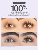 Two sets of eyes demonstrate before-and-after effects of Tarte Cosmetics Maneater Mascara application, showing longer, fuller lashes. Text highlights results: 100% had longer, fuller lashes after application. Based on a clinical study of 32 subjects.