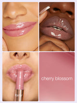 Glossy lips showcase Tarte Cosmetics products in various shades and angles. One image highlights applying lipstick labeled tarte, and another features text cherry blossom on a pink background.