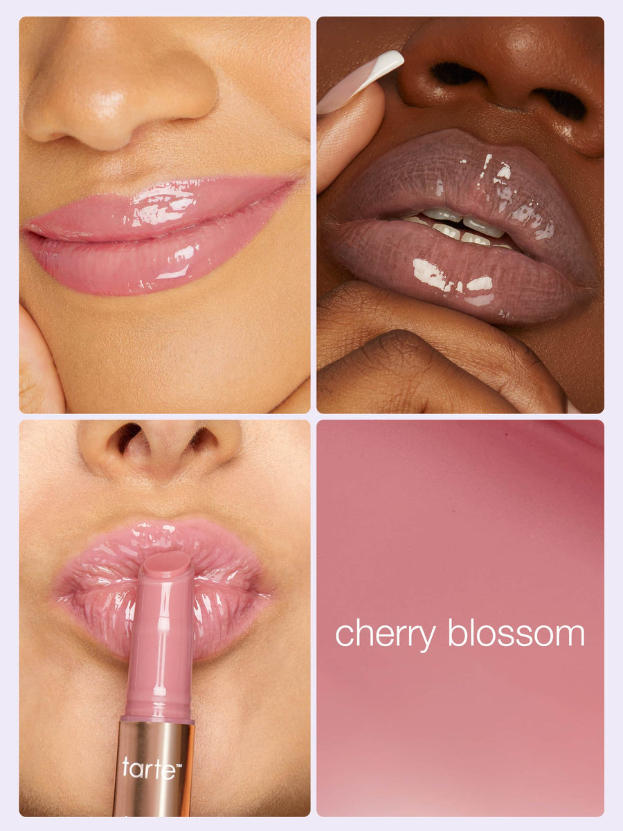 Glossy lips showcase Tarte Cosmetics products in various shades and angles. One image highlights applying lipstick labeled tarte, and another features text cherry blossom on a pink background.