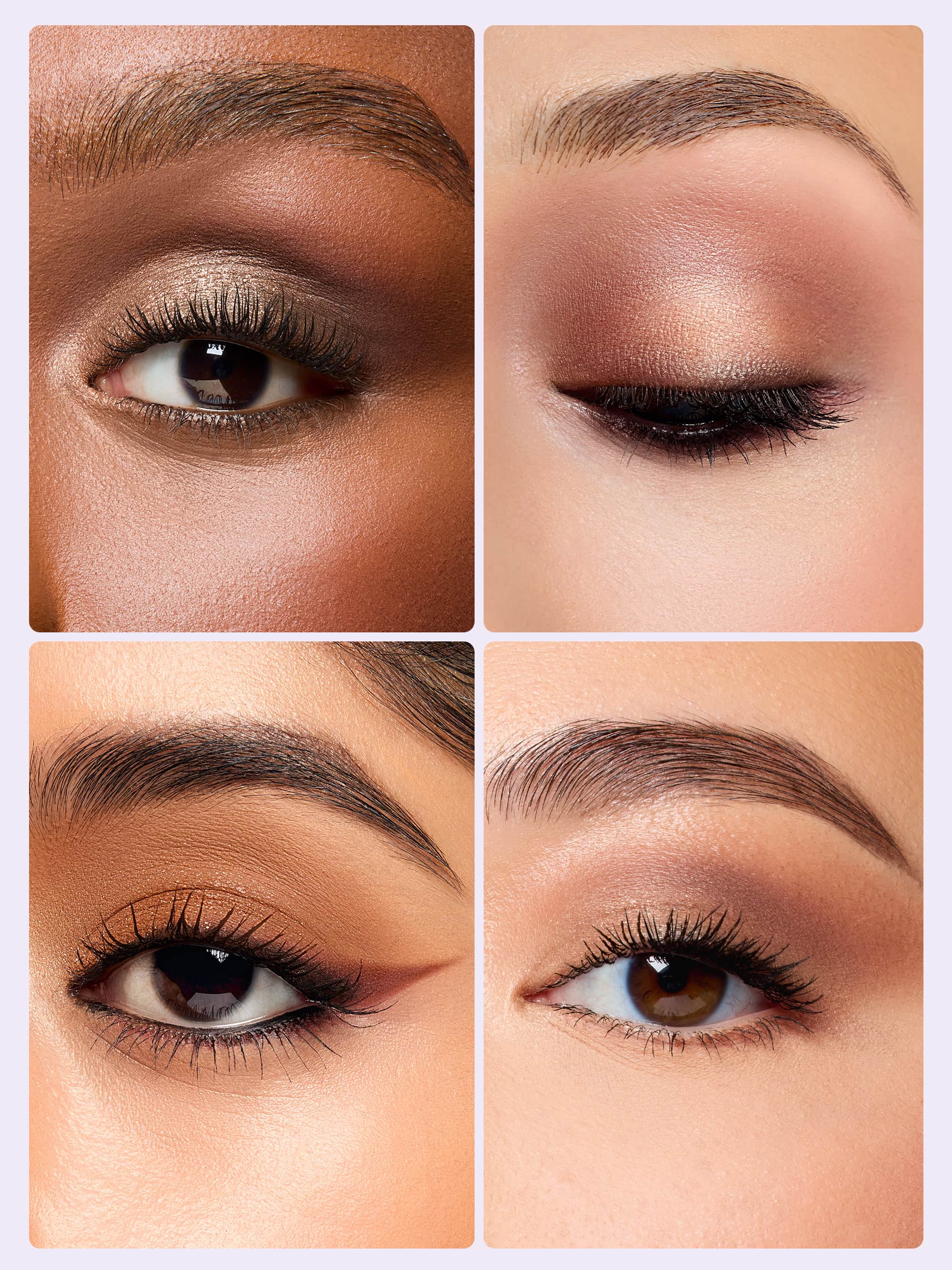 Four close-up images of eyes, each with different eyeshadow styles. The makeup includes shimmer and matte finishes, with various shades and eyeliner. Eyebrows are neatly groomed, enhancing the overall look.