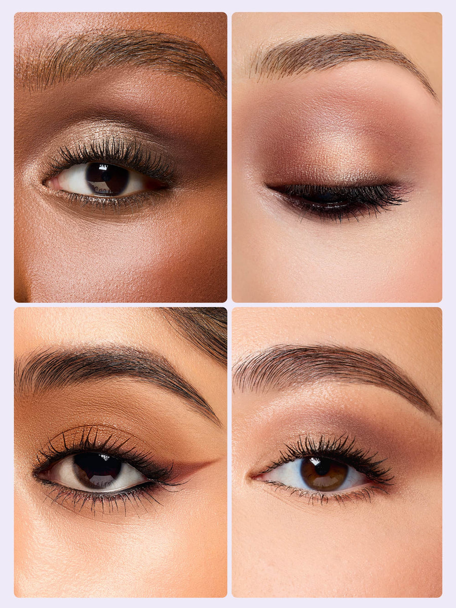 Four close-up images of eyes, each with different eyeshadow styles. The makeup includes shimmer and matte finishes, with various shades and eyeliner. Eyebrows are neatly groomed, enhancing the overall look.