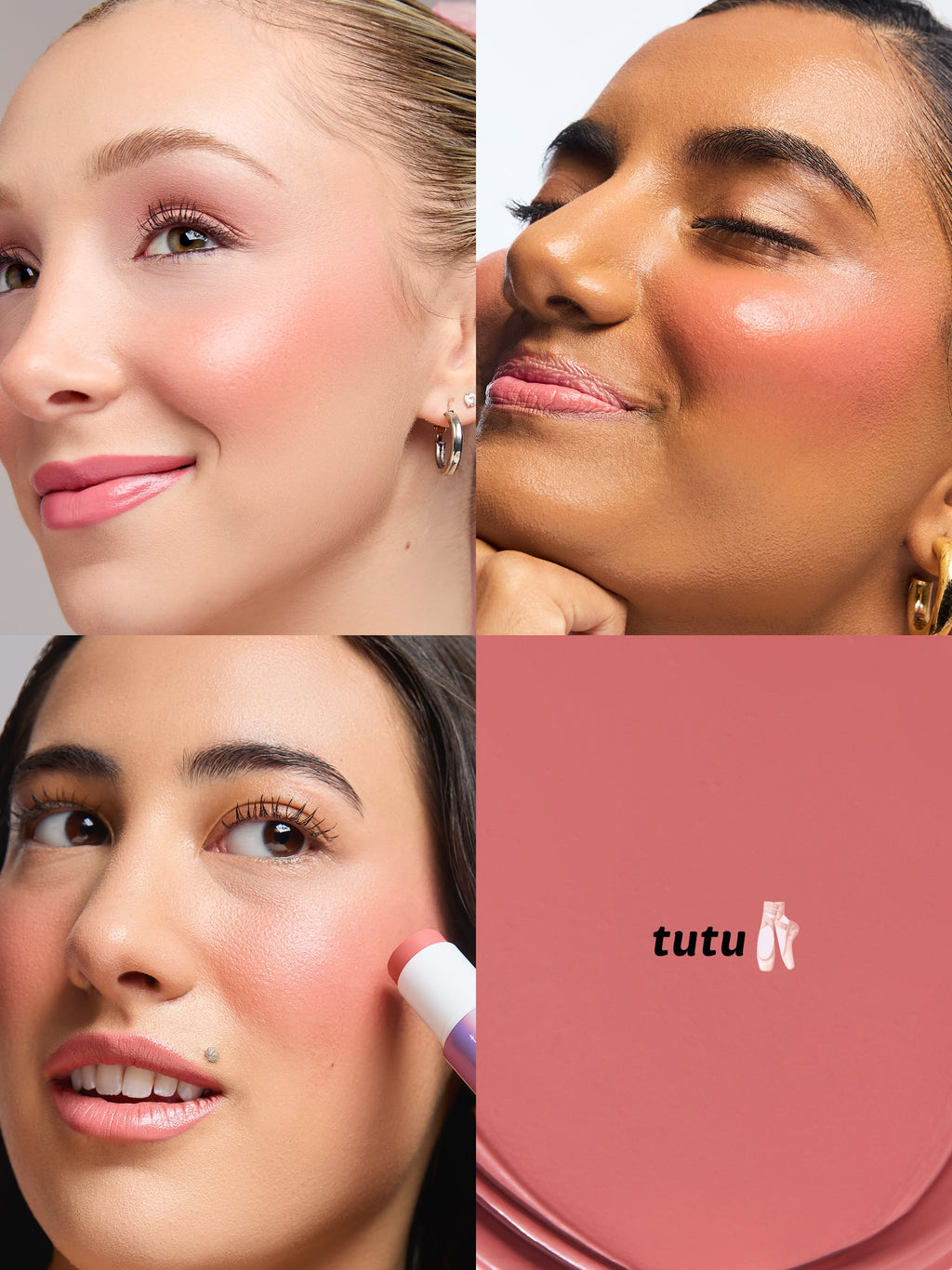 Three women applying blush with a pink blush stick, featuring the 'tutu' brand.