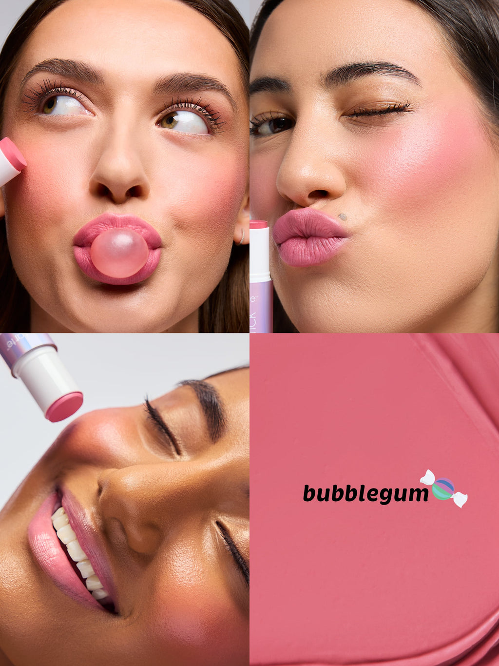 Collage of a woman applying bubblegum pink lipstick, with close-ups of her lips and a product packaging.