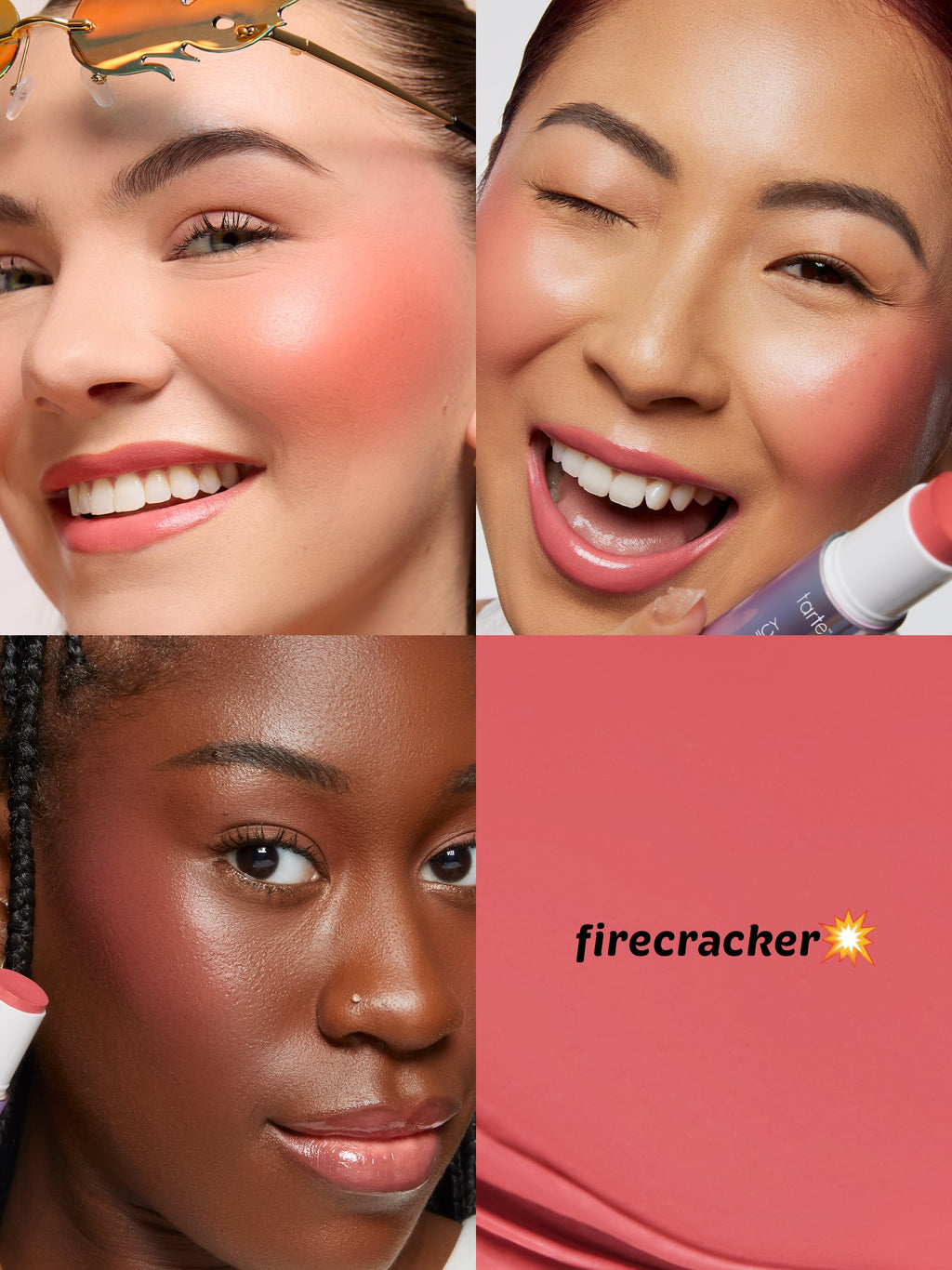 Collage of three women with close-up shots of their faces, featuring a pink makeup product labeled 'firecracker'.