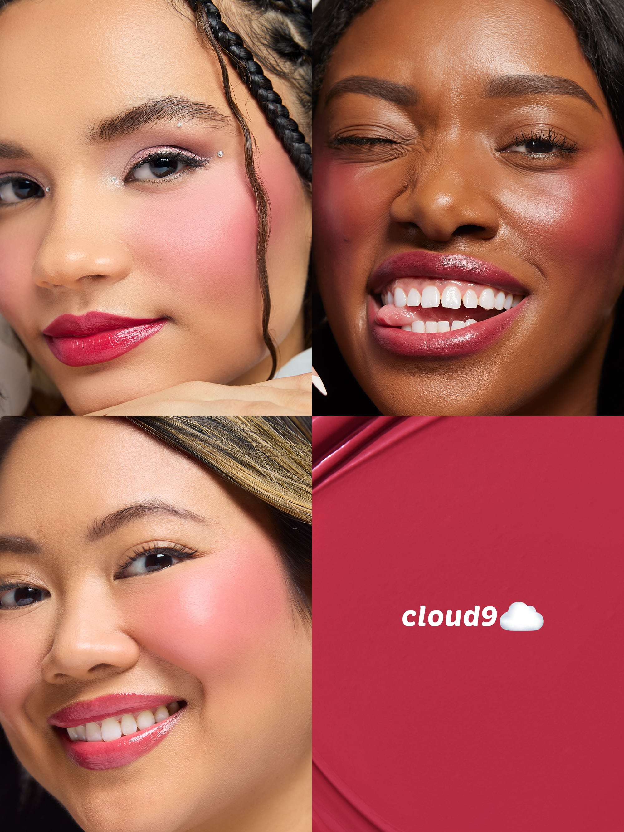 Collage of three women with makeup and a red background with 'cloud9' logo.