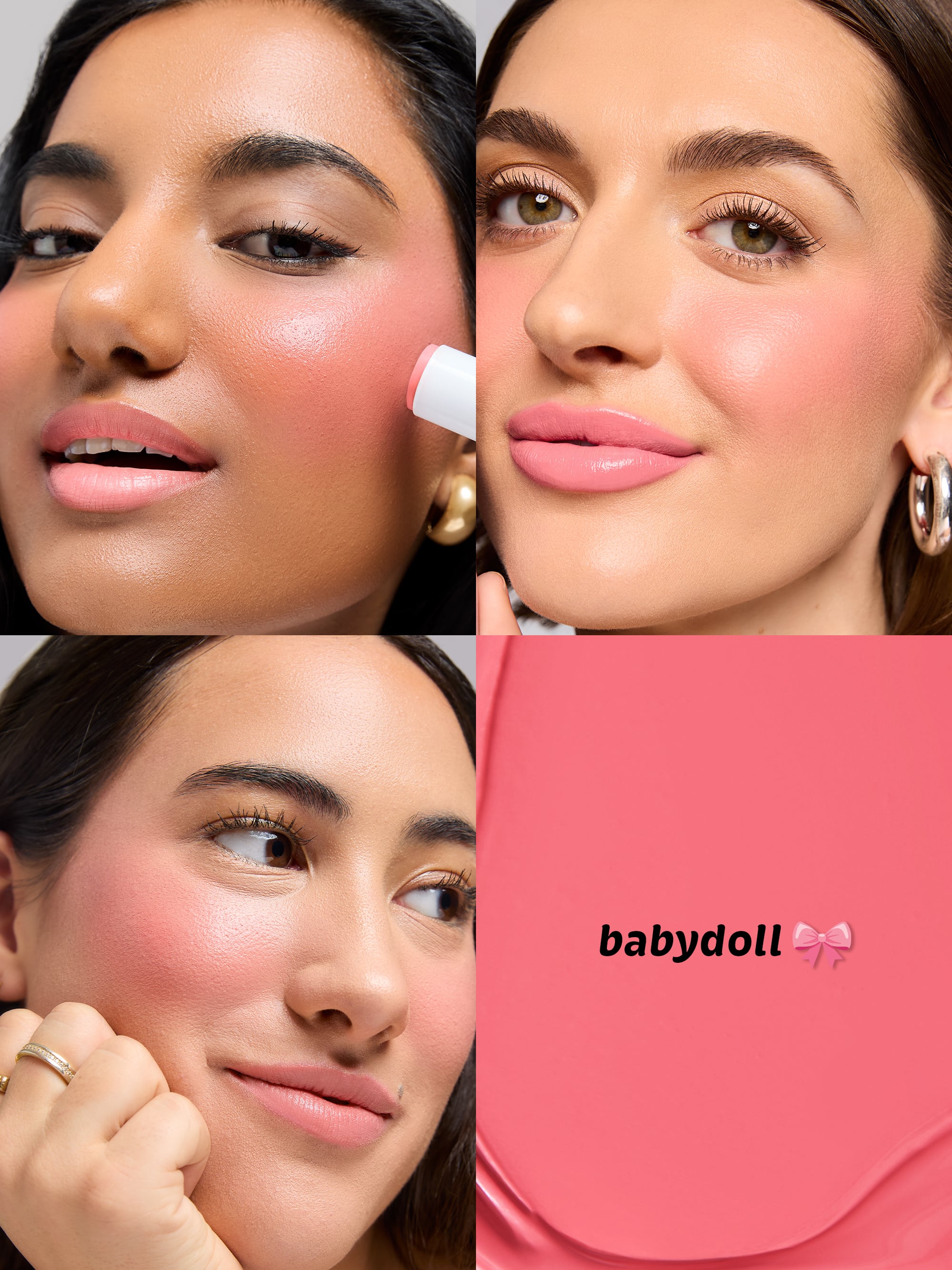 Collage of a woman with pink makeup and a close-up of a pink product labeled 'babydoll'.