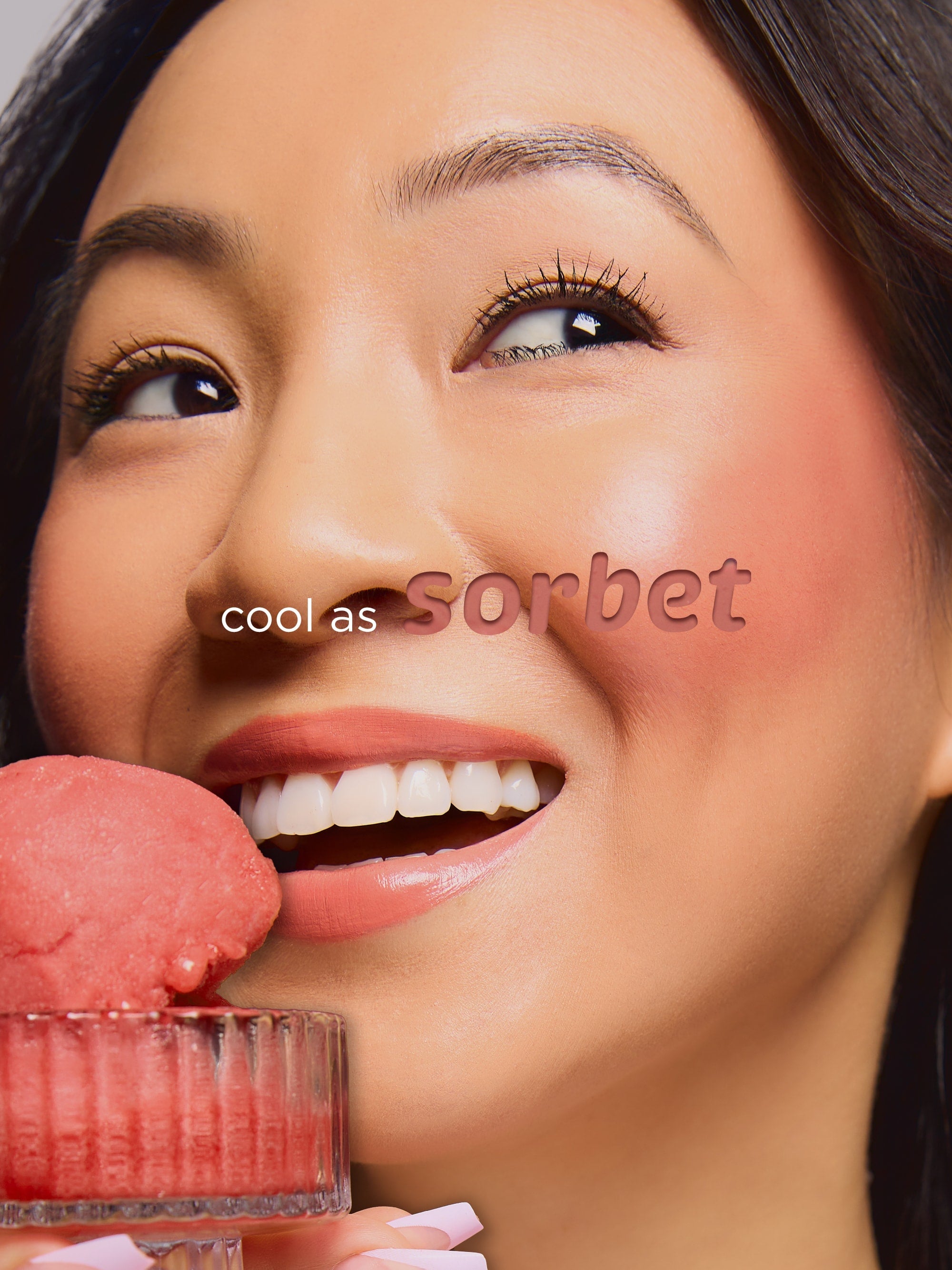 Woman holding pink sorbet with 'cool as sorbet' text overlay