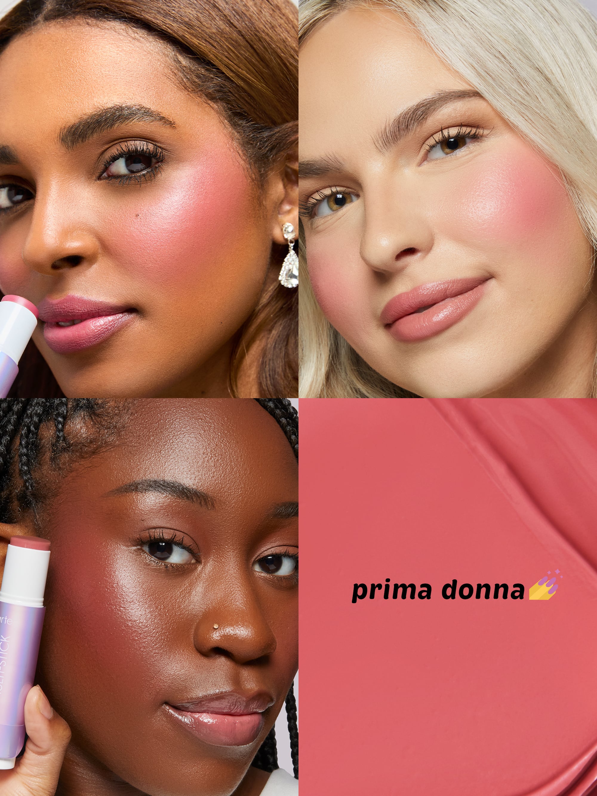 Collage of three women with different skin tones using a makeup product, with 'prima donna' branding.