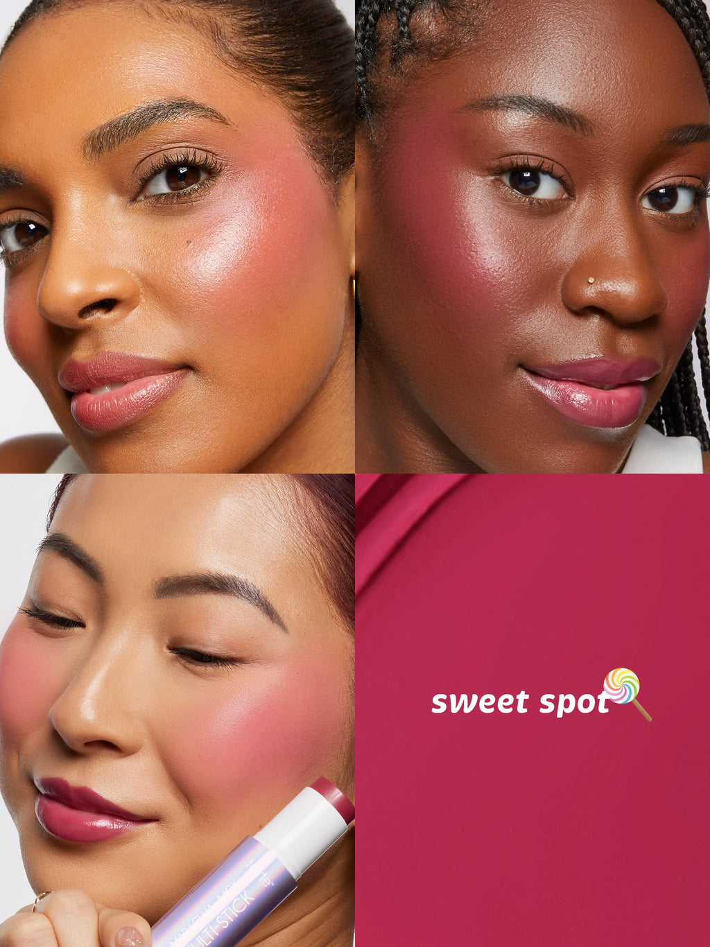Collage of a woman with makeup and a 'sweet spot' logo on a pink background