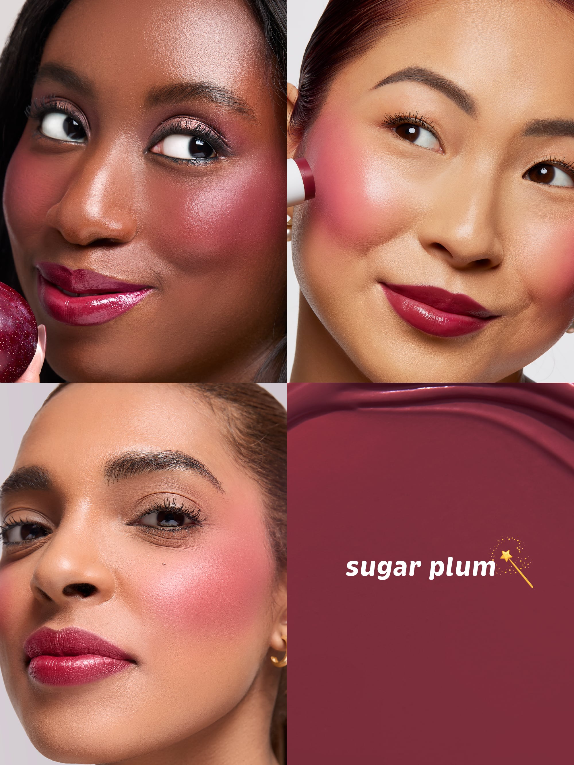 Collage of three women with different skin tones wearing pink blush, with 'sugar plum' branding.