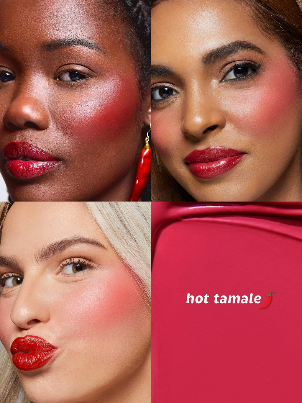Collage of women with red makeup and a red product with 'hot tamale' branding.
