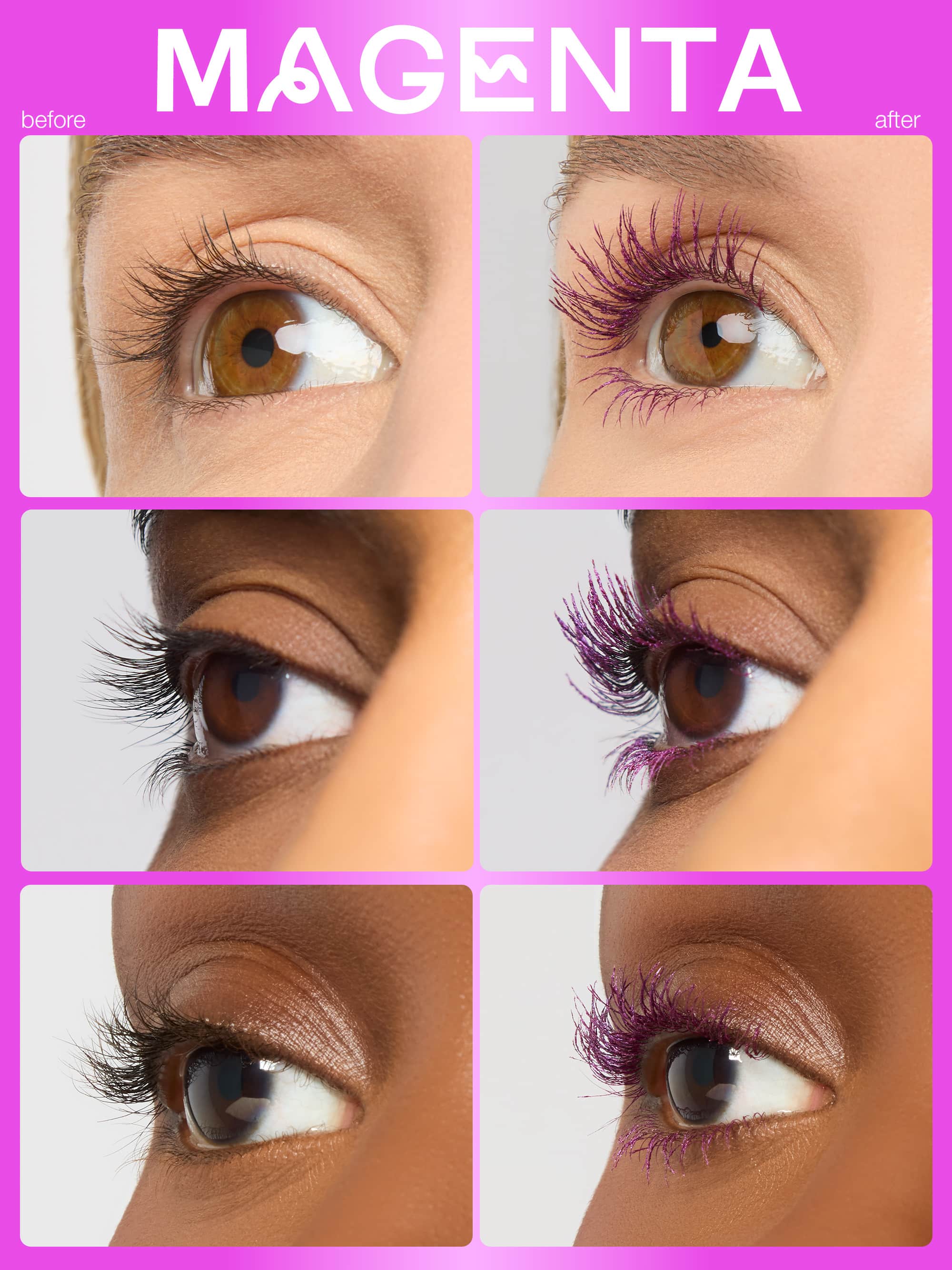 Before and after comparison of magenta eyeliner application on eyes.